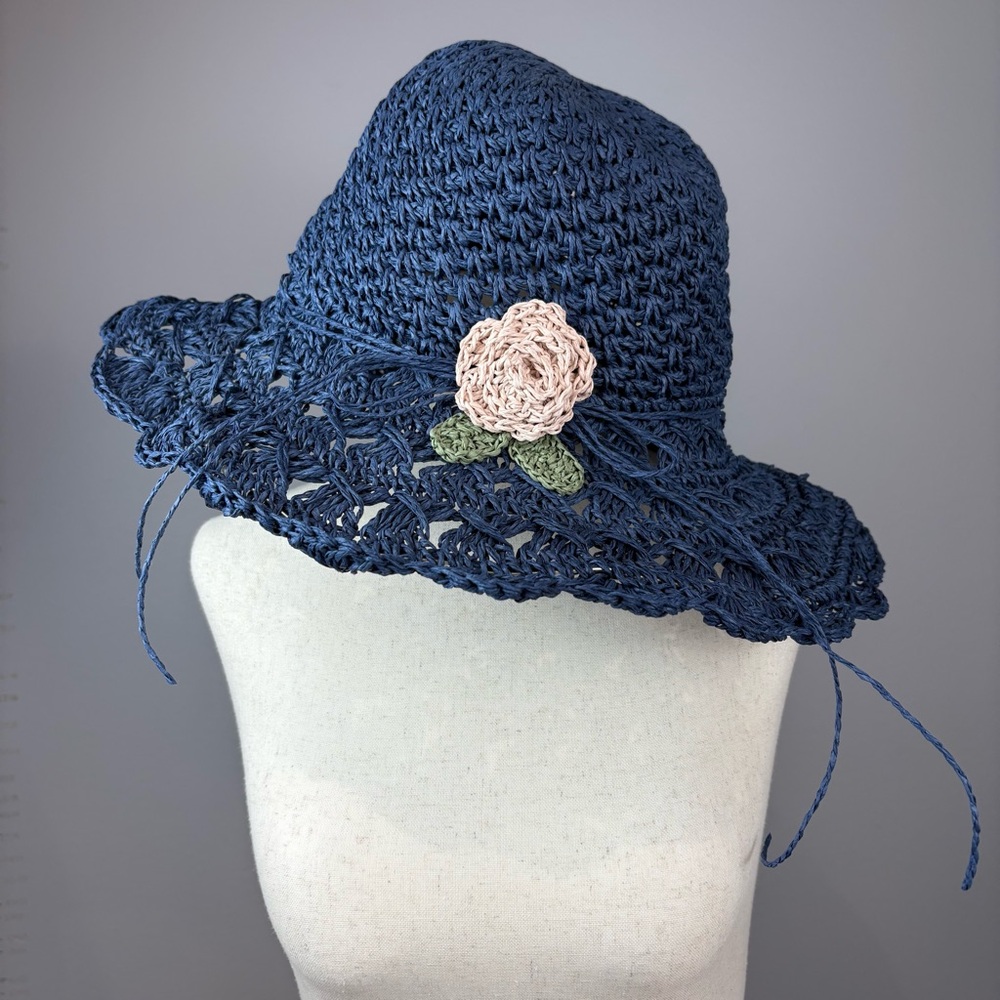 Straw Woven Hat Navy with Cream Flower Grosgrain Ribbon Lining Boho Cottagecore